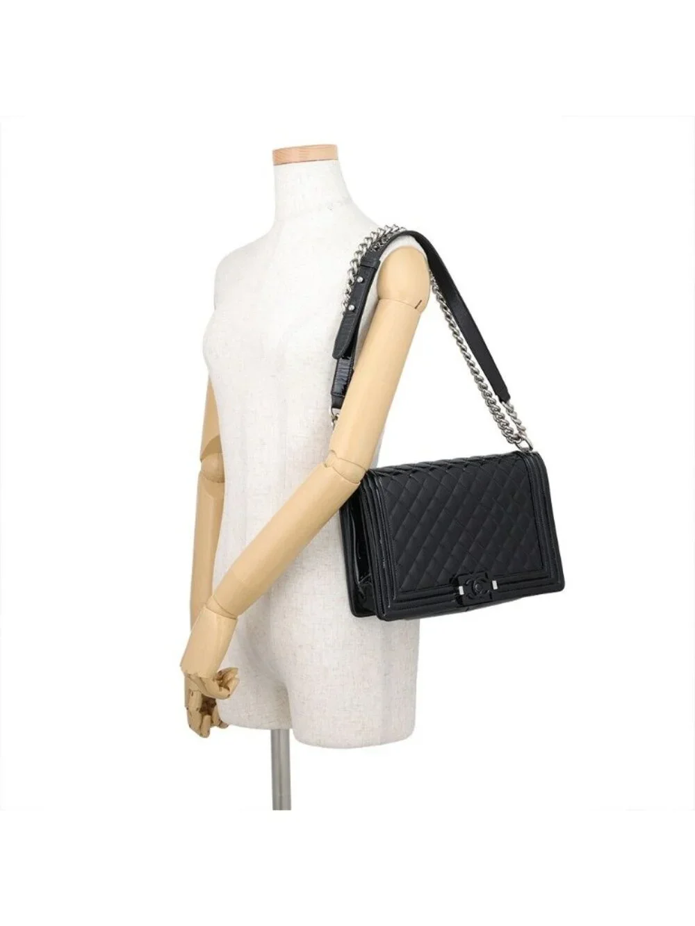 Chanel Chain Shoulder Bag Boy Large Quilted CC Logo Patent Black
